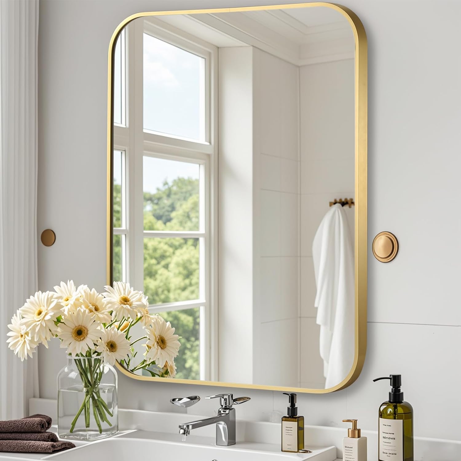 AUCT 21616m - $90 Brushed Gold Mirror, 30"x36" Rectangle Bathroom Mirror, Metal Frame Rectangle Corner V - Image 2