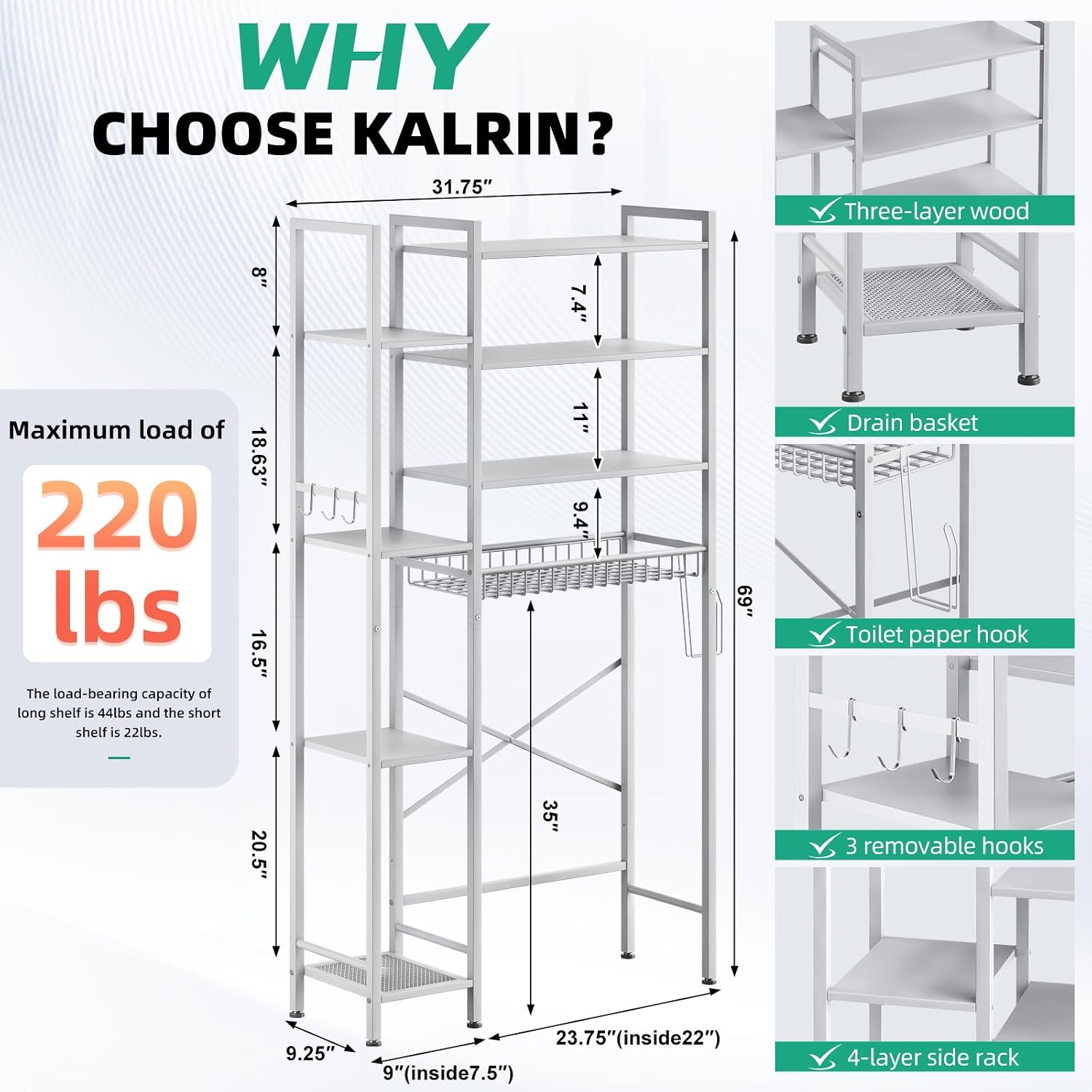 AUCT 22450 - $90 Kalrin 8-Tier Over The Toilet Storage with Side Rack, Over Toilet Storage Rack with Ad - Image 2