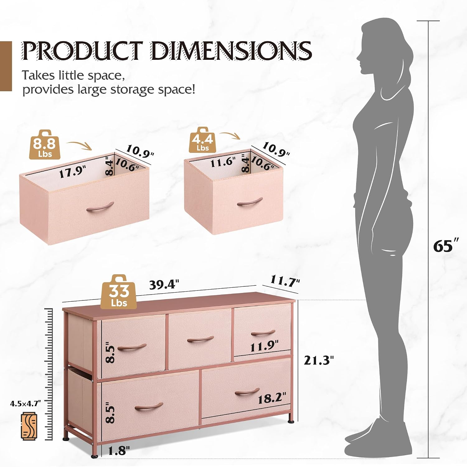 AUCT 22076 - $63 WLIVE Wide Dresser for Bedroom, 5 Drawer Chest of Drawers, Pink - Image 3