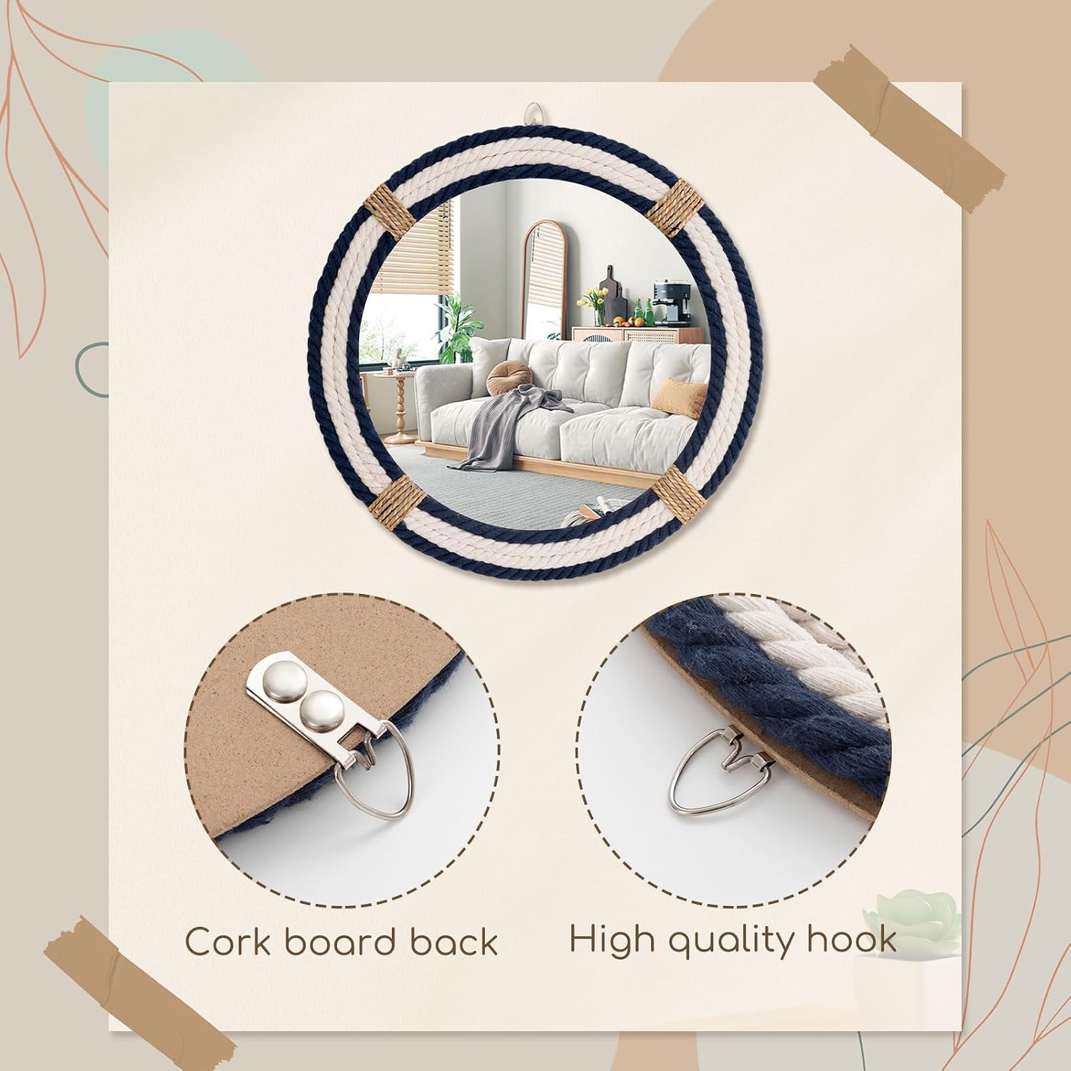 AUCT 22120 - $150 Vercraft Nautical Coastal Mirror 16" Wall Decor with Rope Wrapped Trim and Hanging Lo - Image 3