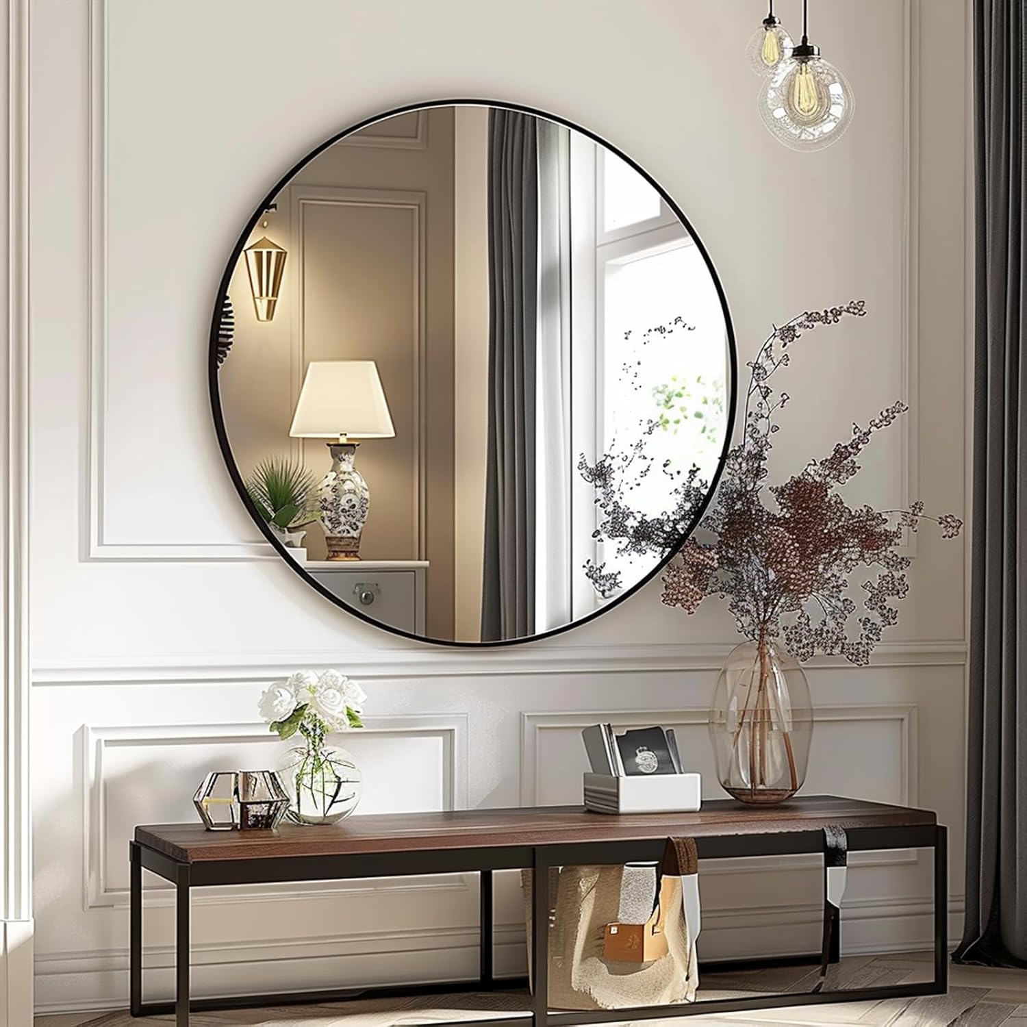 AUCT 22579m - $52 Sunniry Round Mirror 28 inch, Round Black Mirror, Matte Black Metal Frame - Image 4