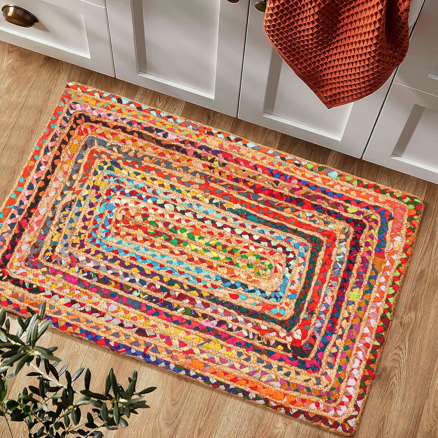 AUCT 21574 - $156 2'x3' Hand Woven Jute Chindi Area Rug - Colorful Boho Rugs - Image 3