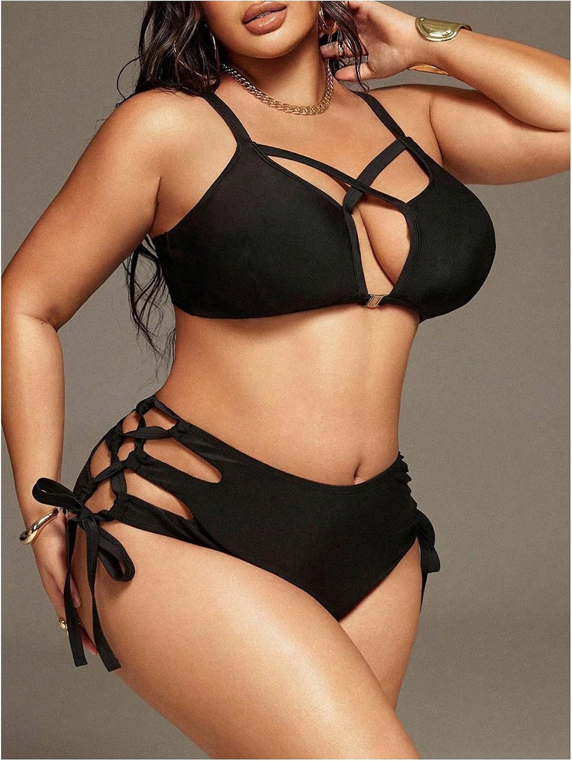 AUCT 22294 - BEAUDRM Women's Plus Size 2 Piece Bikini Sets Cut Out High Waisted Swimsuit Side Tie Bathi - Image 3