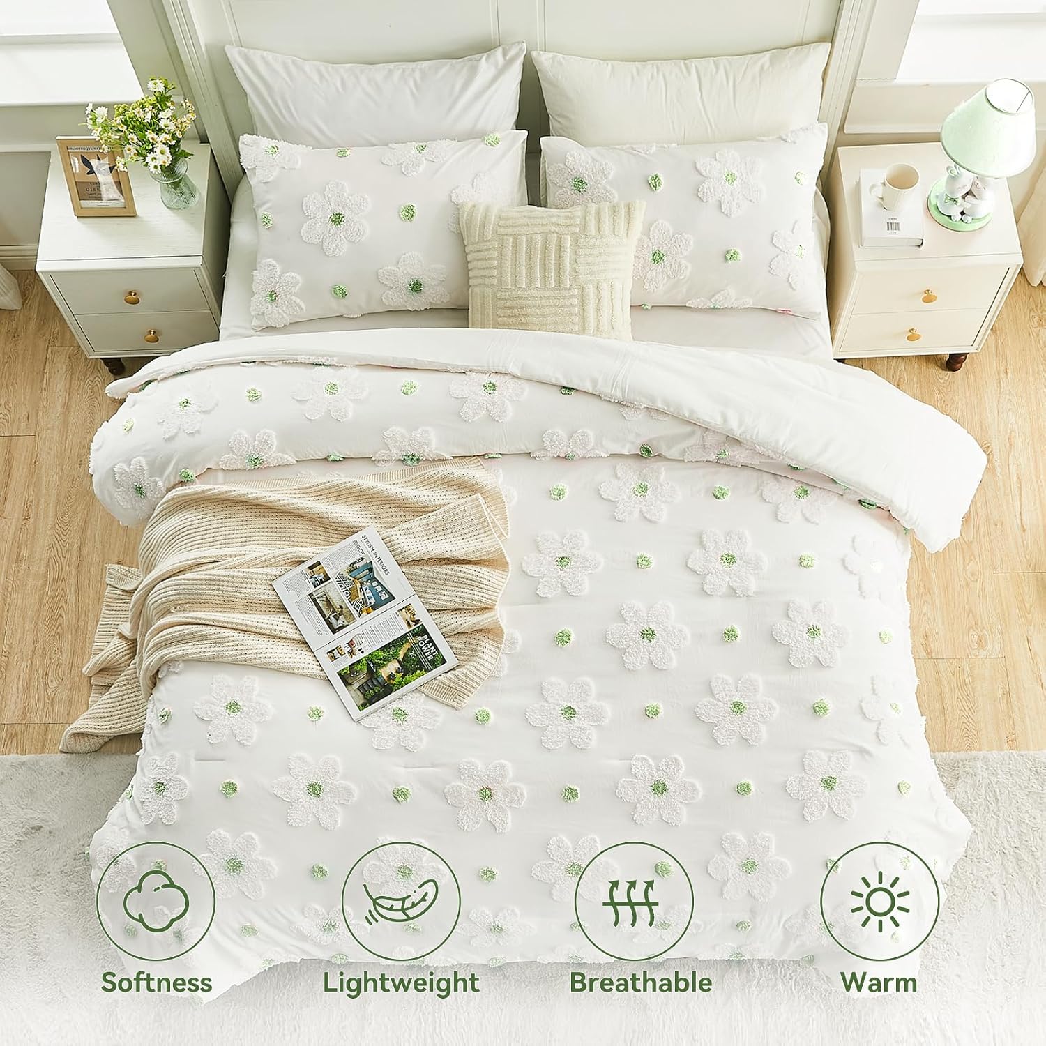 AUCT 22594 - $54 VIVILINEN Full Size Comforter Sets for Girls Floral Bedding Cute Comforter with Tufted - Image 3