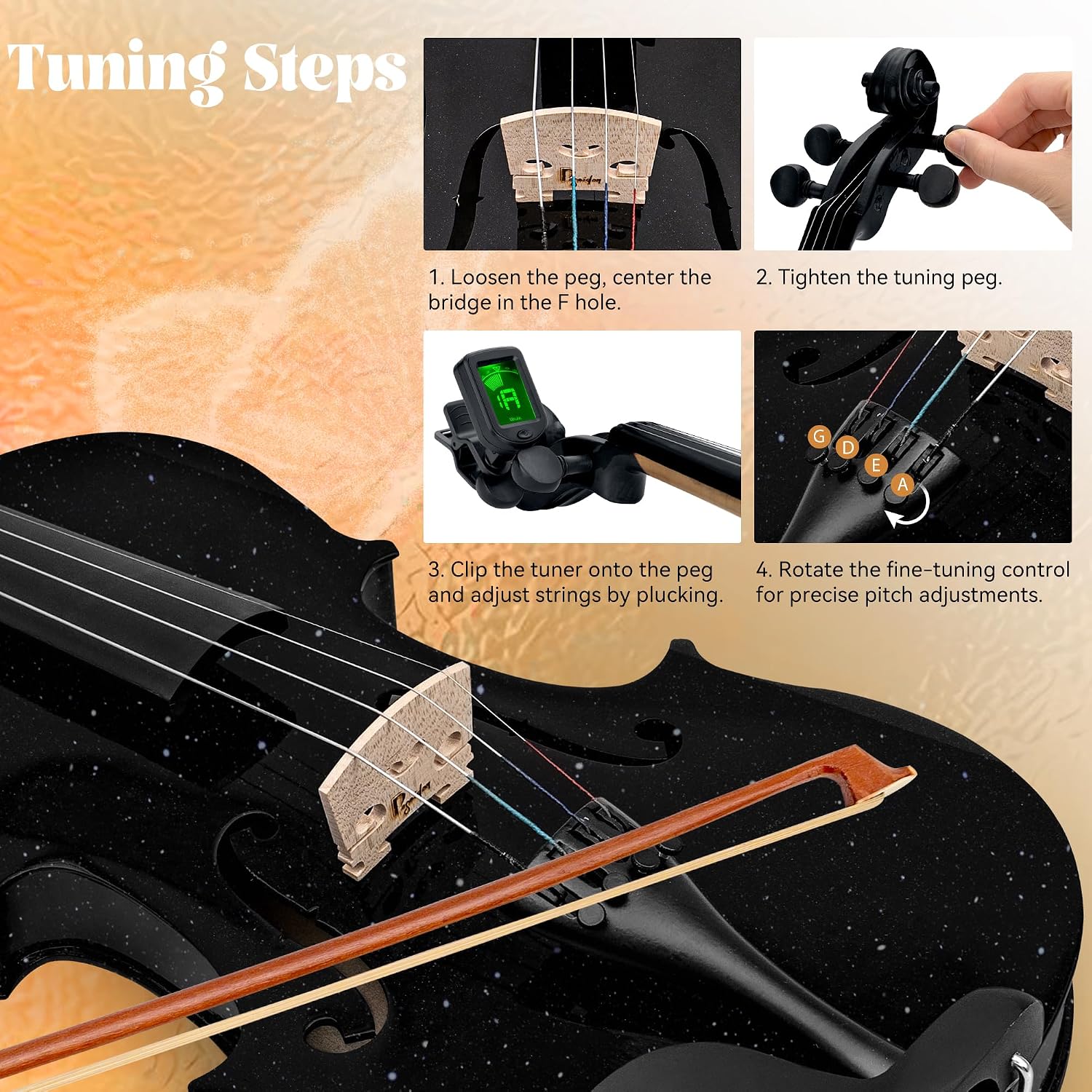 AUCT 20980 - $100 3/4 Acoustic Violin Fiddle, Black Violin for Beginners for Beginners Violin Starter K - Image 4