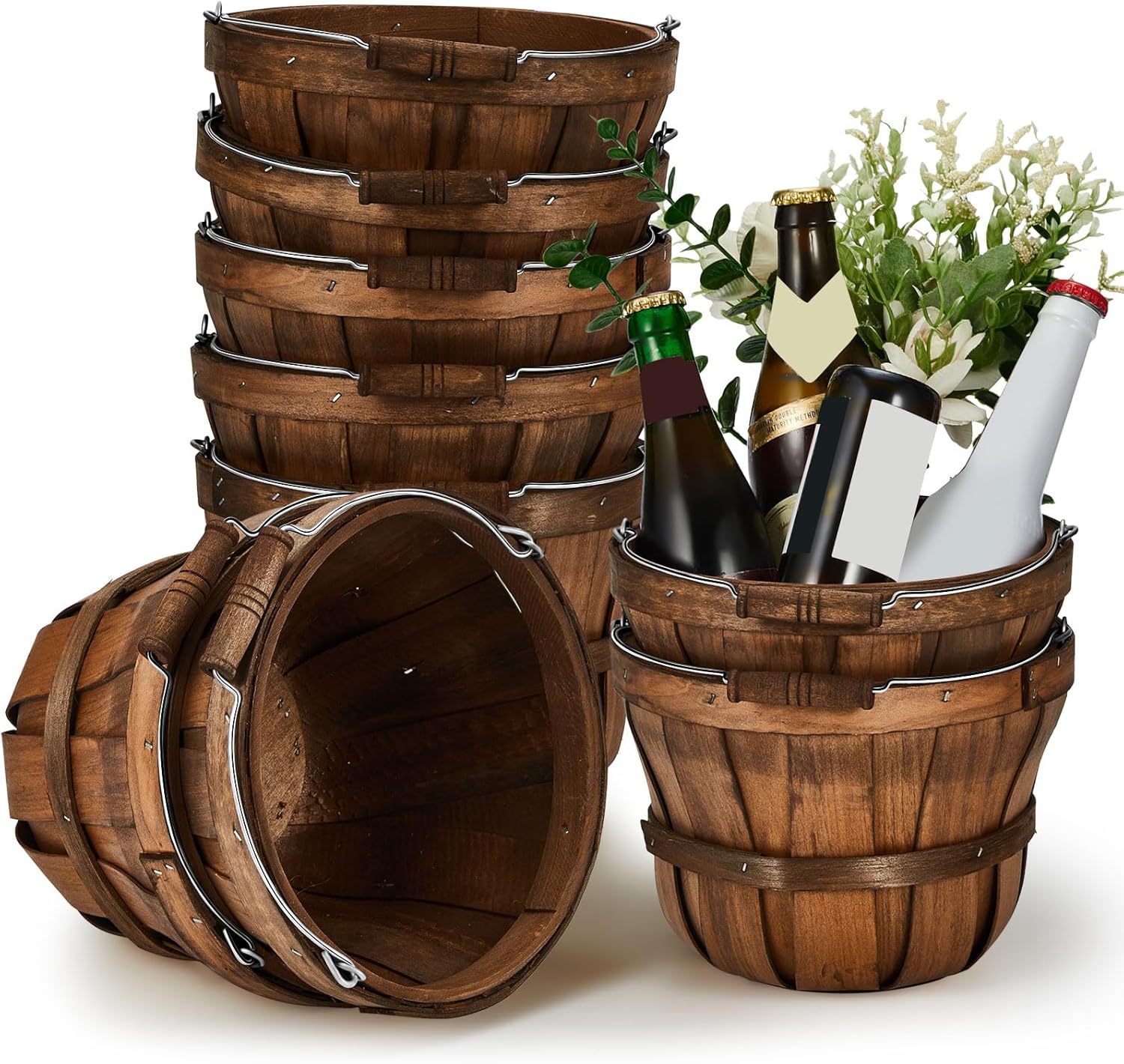 AUCT 21473 - $51 Marsui 10 Pcs Autumn Harvest Round Wood Apple Bushel Baskets, Dark Brown
