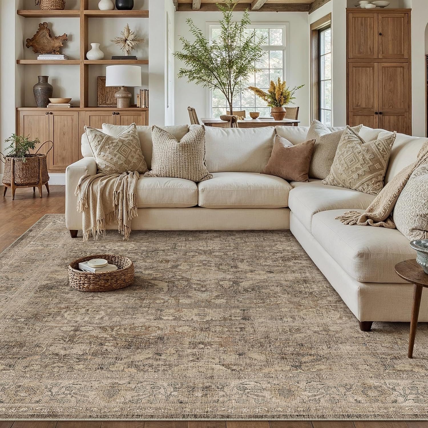 AUCT 21001 - $99 8x10 Rust Brown Washable Area Rug for Living Room Bedroom Neutral Soft Non Slip Rug Lo - Image 4