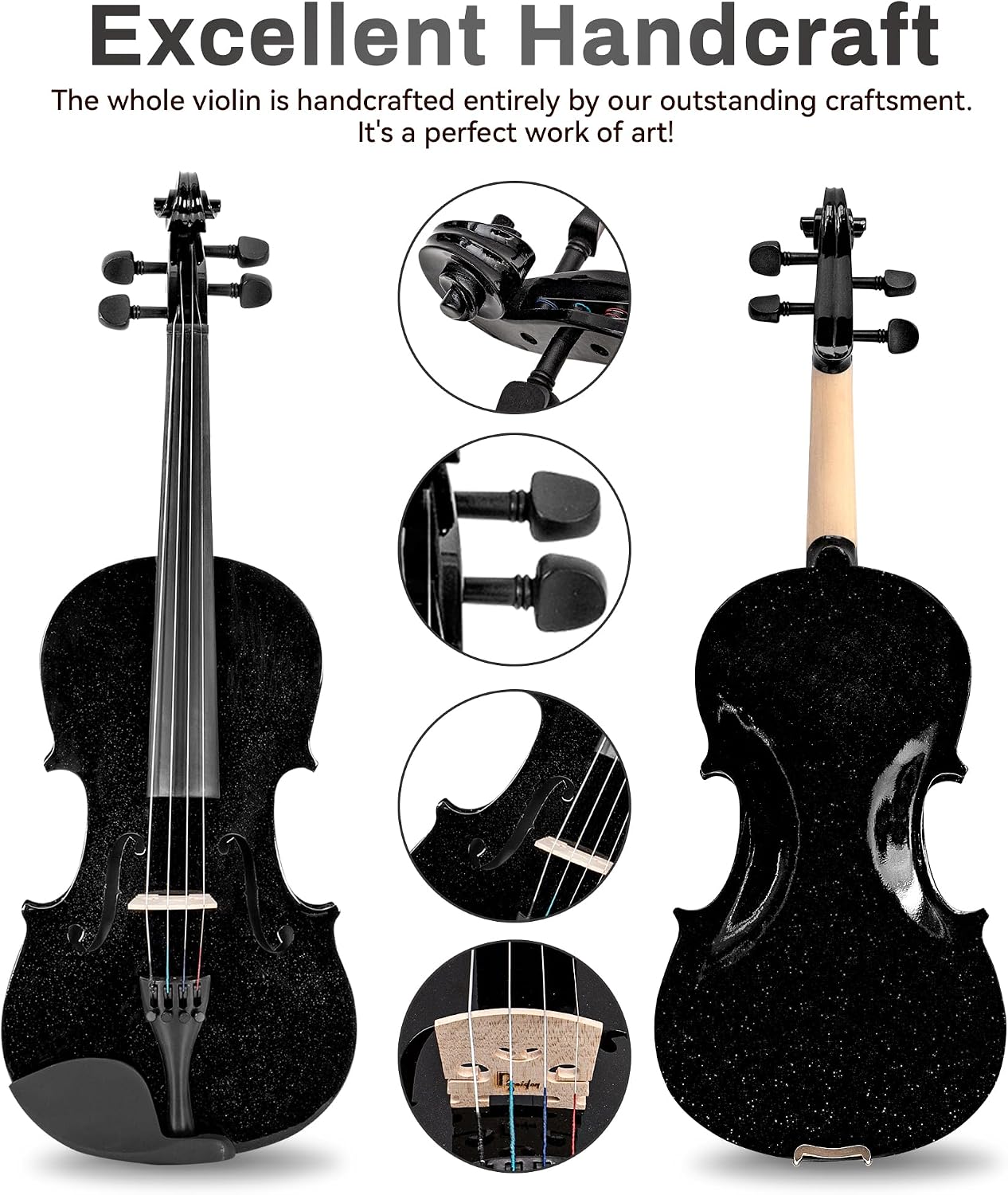 AUCT 20980 - $100 3/4 Acoustic Violin Fiddle, Black Violin for Beginners for Beginners Violin Starter K - Image 2