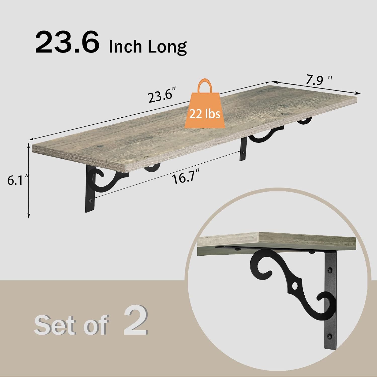 AUCT 20986 - DINZI LVJ Long Wall Shelves, 23.6" Large Floating Shelves Set of 2, Farmhouse Display Shel - Image 3