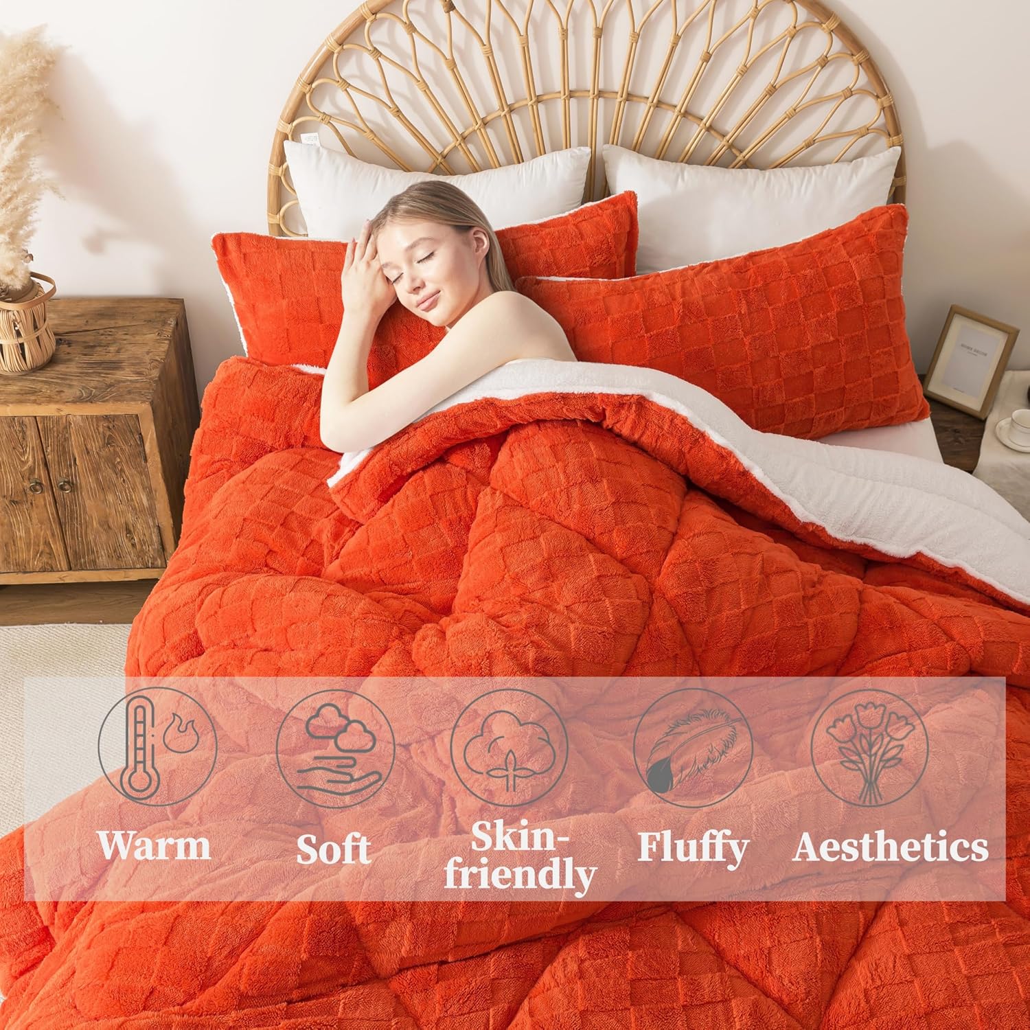 AUCT 20867 - $52 ELNIDO QUEEN Fluffy Comforter Set Queen, Burnt Orange Winter Fleece Comforter Ultra S - Image 4