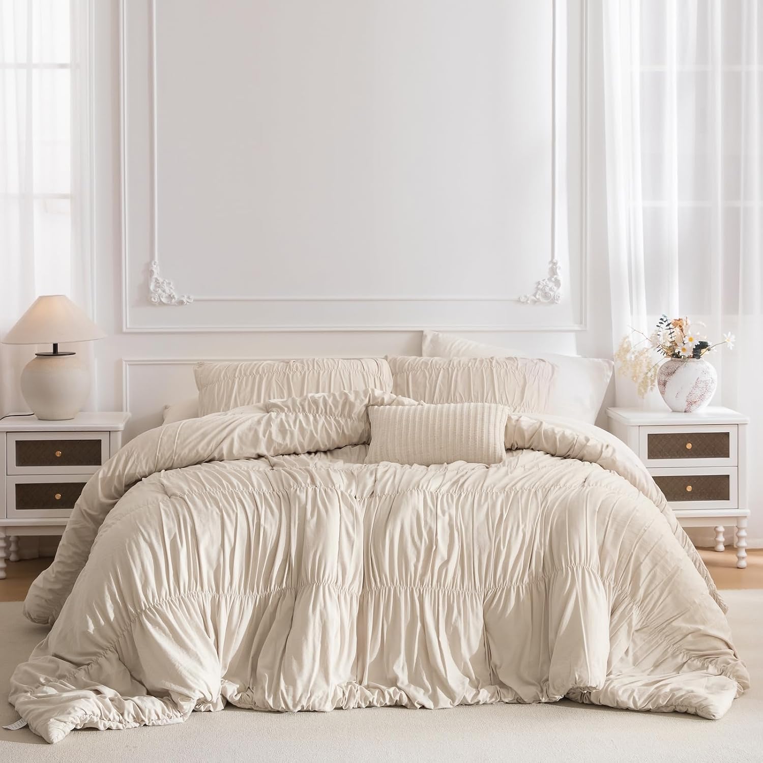 AUCT 20586 - $59 Lady Ann Oversized King 120 x 98 Bed Comforter Set- Wheat Ruched Boho Comforter Set fo - Image 2