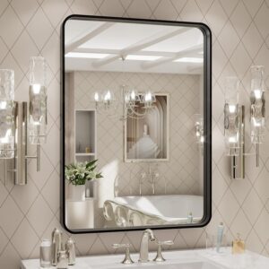 AUCT 20606m - $70 LOAAO 24X32 Inch Black Metal Framed Bathroom Mirror