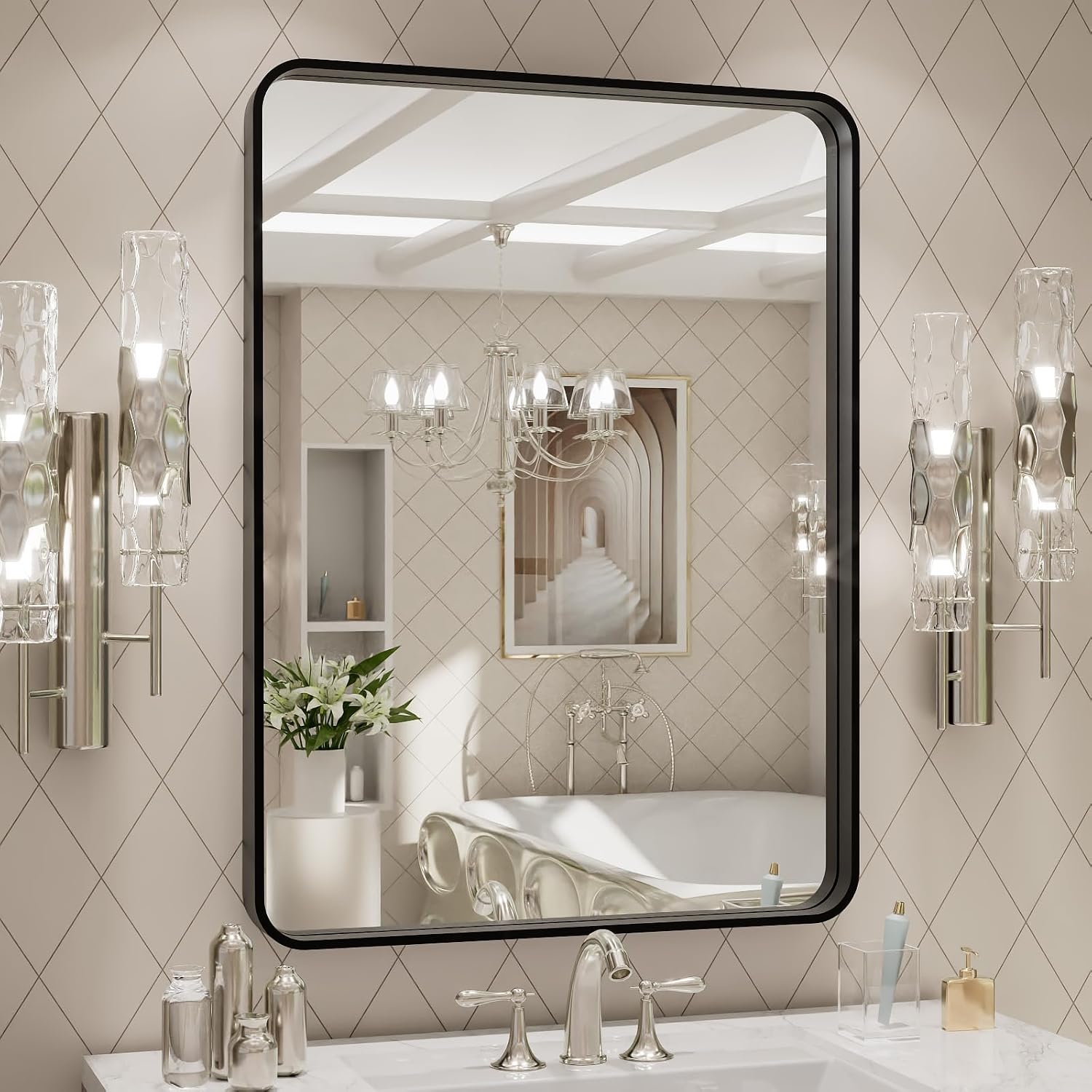 AUCT 20606m - $70 LOAAO 24X32 Inch Black Metal Framed Bathroom Mirror
