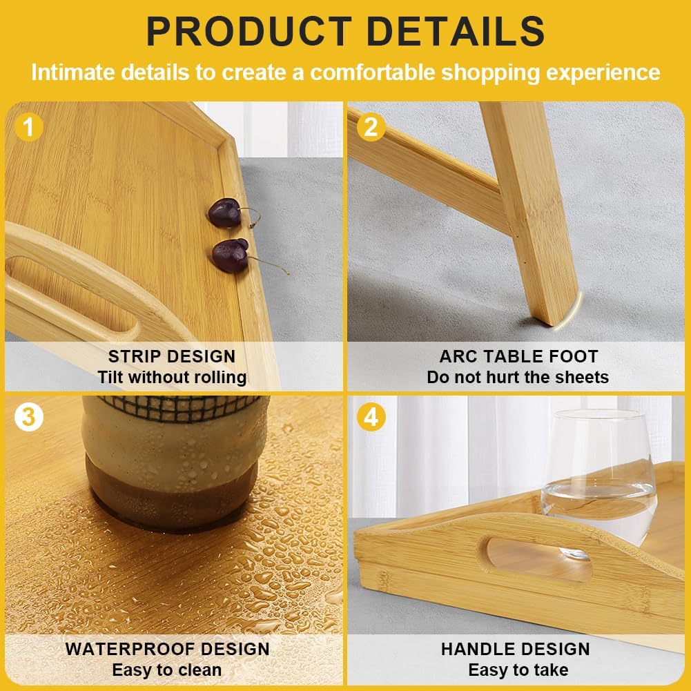 AUCT 20908 - WKWKER Bamboo Bed Tray Table with Folding Legs Set of 2 Foldable Breakfast Tray Portable S - Image 4