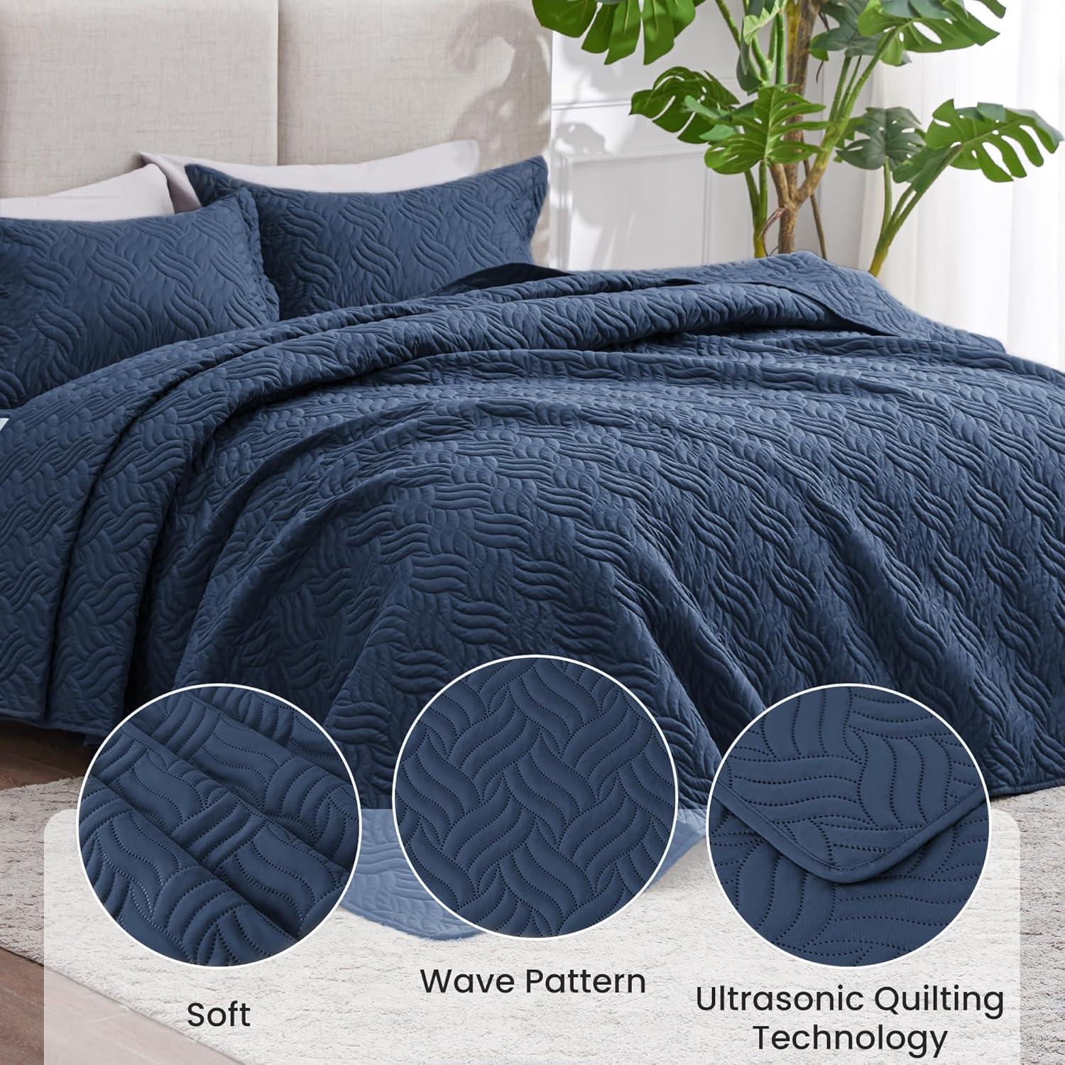 AUCT 20536 - Love's cabin King Size Quilt Set Navy Blue Bedspreads - Soft Bed Summer Lightweight Bedspr - Image 4