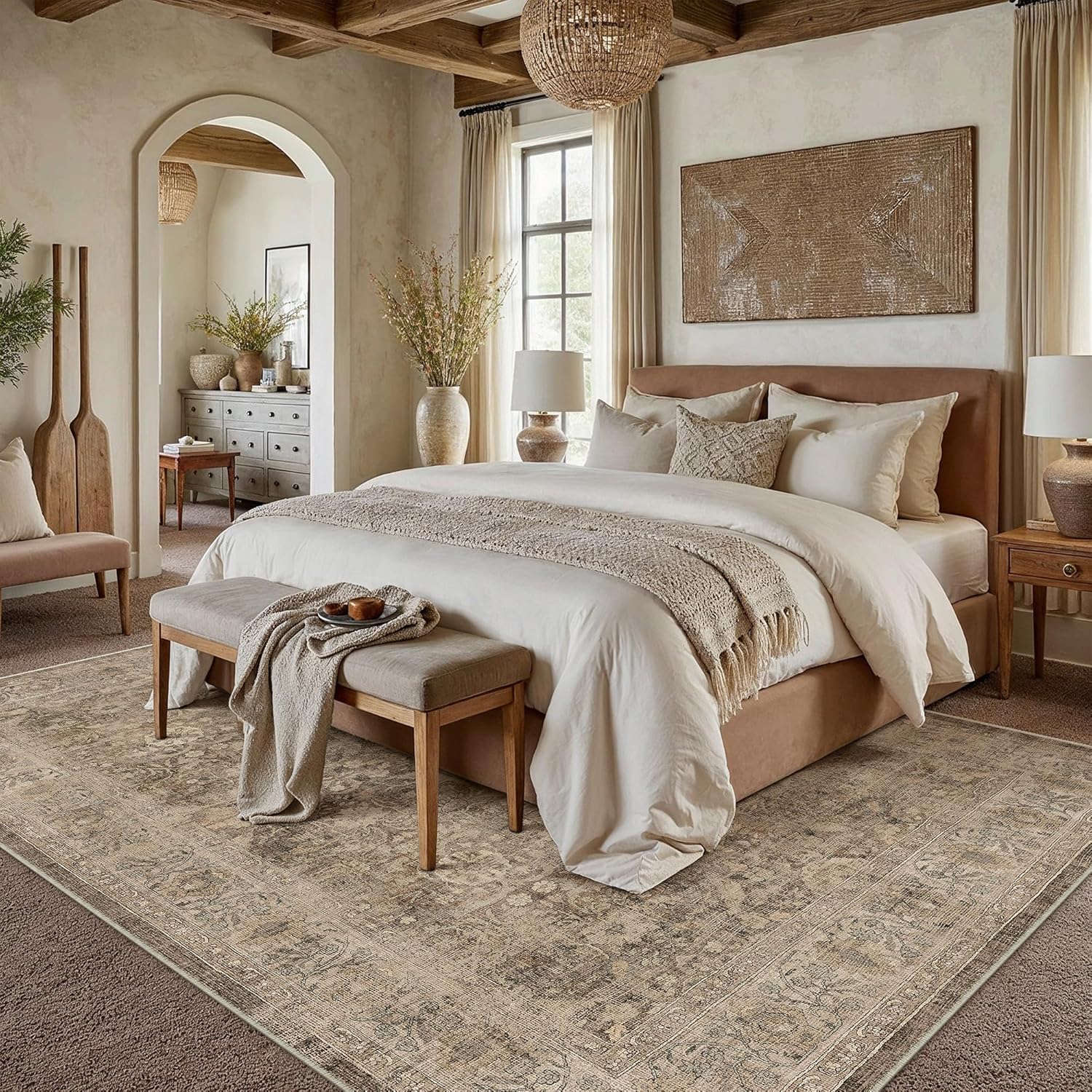 AUCT 21001 - $99 8x10 Rust Brown Washable Area Rug for Living Room Bedroom Neutral Soft Non Slip Rug Lo - Image 3