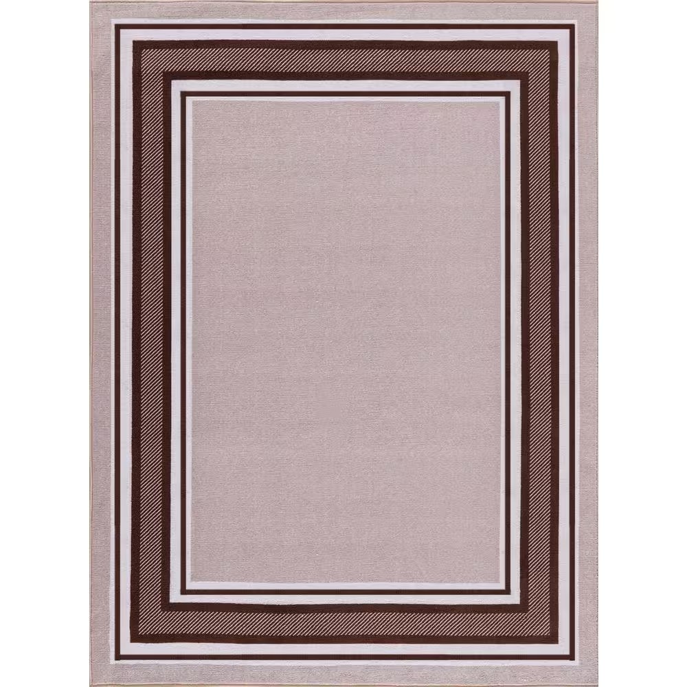 AUCT 22481g - $62 5 X 7 Beige Brown Carmel Bordered Non Slip Indoor Area Rug