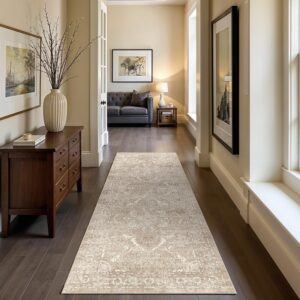 AUCT 20897 - 2x6 Washable Runner Rug: Vintage Medallion Kitchen Soft Rugs NaturalBeige