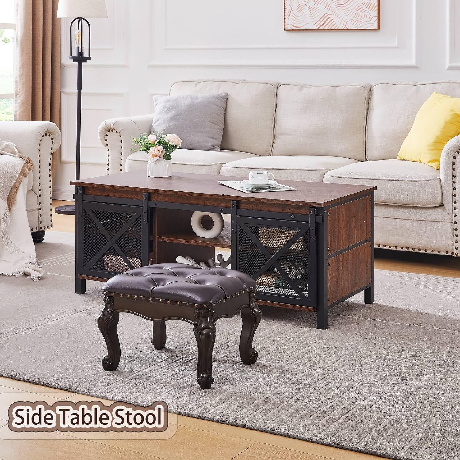 AUCT 21421 - $100 Foot Stools Ottoman, Leather Footstool for Living Room, Solid Wooden Small Vintage Ot - Image 2