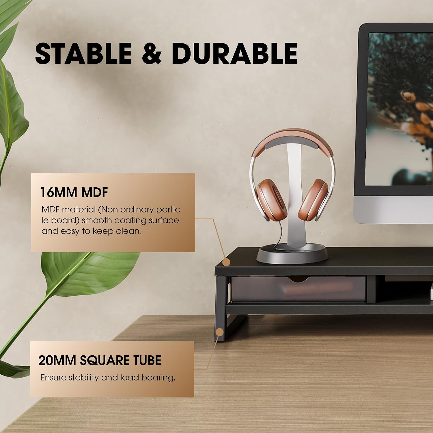AUCT 20575 - $90 Fenge Dual Monitor Stand Riser, 42.5in Desk Shelf with 2 Drawers, Black - Image 4