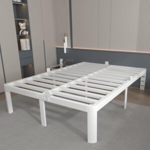 AUCT 22560 - $113 14 Inch Full Bed Frame with Metal Gasket, White Double Bed Base