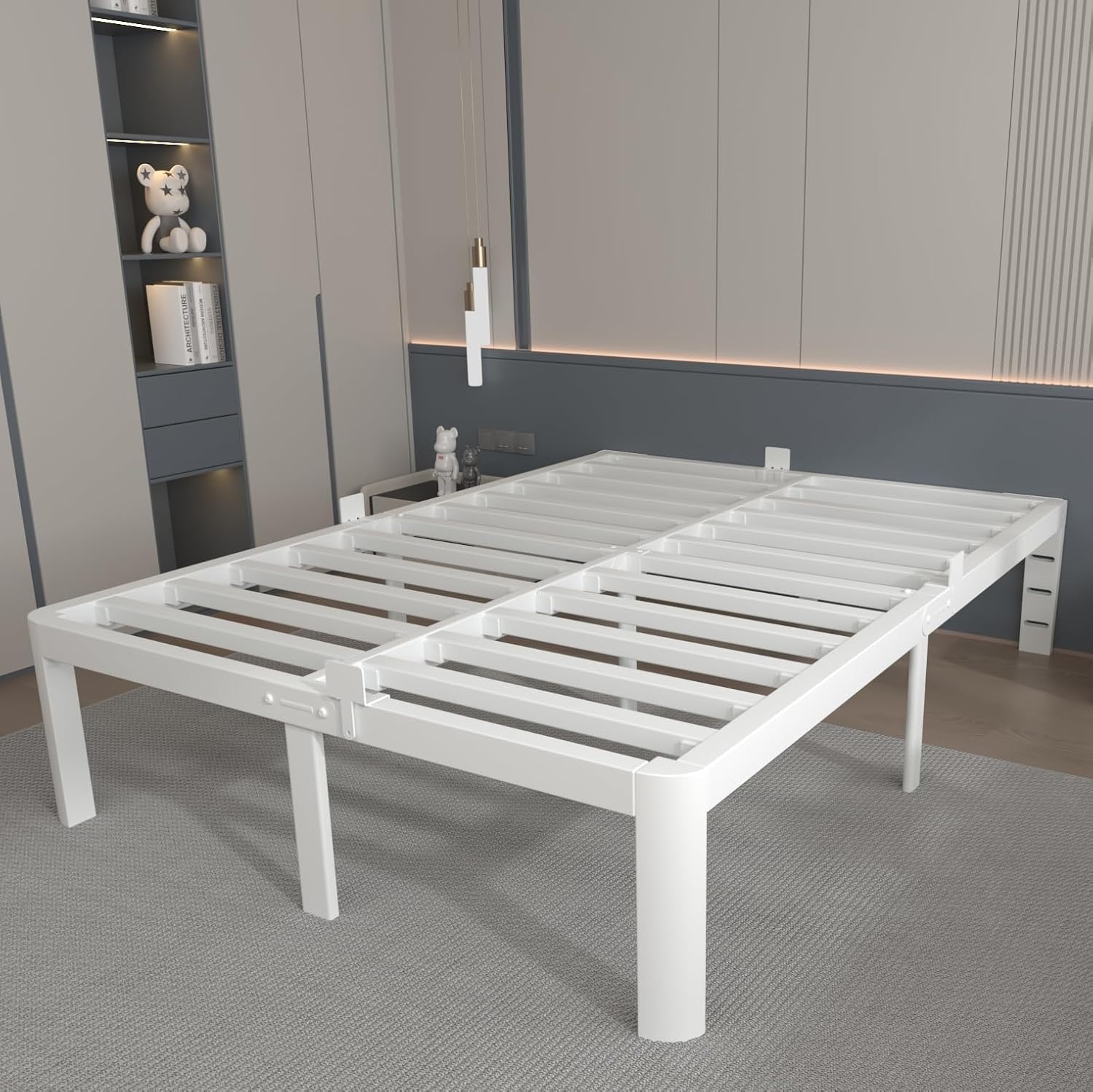 AUCT 22560 - $113 14 Inch Full Bed Frame with Metal Gasket, White Double Bed Base