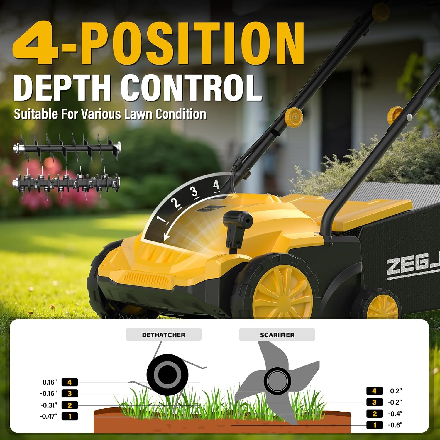 AUCT 22299 - $90 ZEGJAW Electric Dethatcher and Scarifier 2-in-1, 13-inch 12Amp Lawn Dethatcher, 4-Posi - Image 2