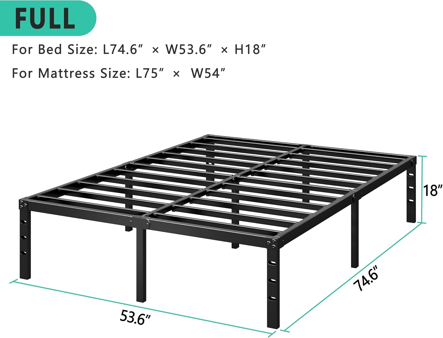 AUCT 21048 - $60 HLIPHA Metal Platform Bed Frame 18 Inch Tall,No Box Spring Needed,Full Size Bed with H - Image 3