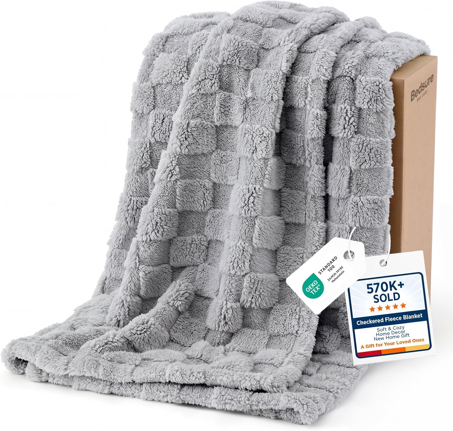 AUCT 21641 - Bedsure Checkered Fleece Throw Blankets for Bed/Couch, Grey,50" 70"
