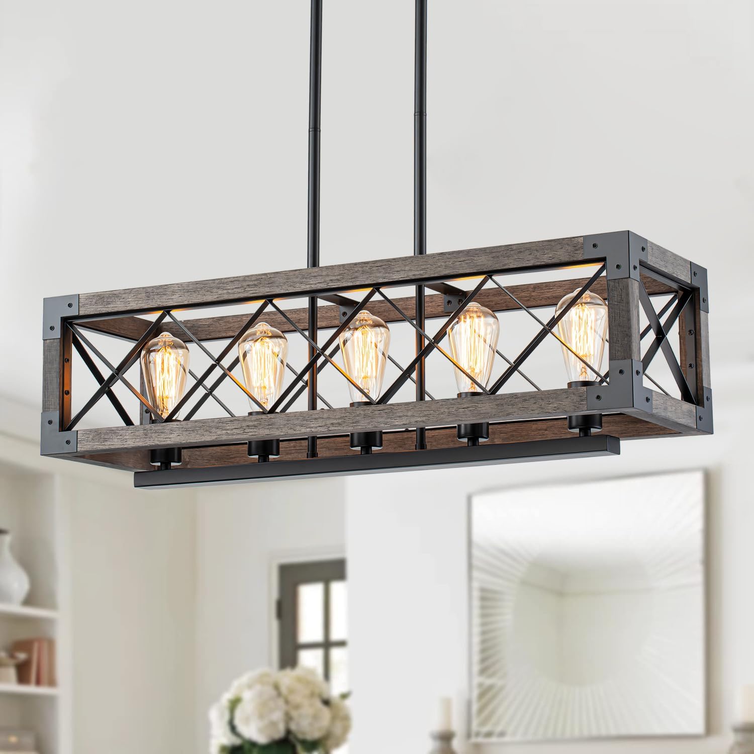 AUCT 21220 - $189 32 Inch Kitchen Island Lighting,5 Light Farmhouse Linear Chandelier Dining Room Pool