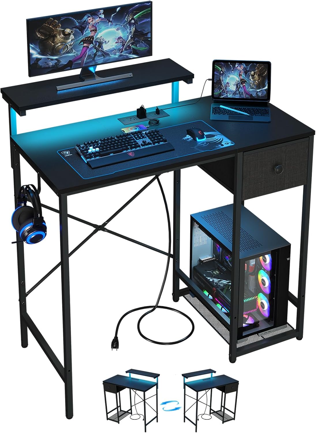 AUCT 21331 - $76 X-cosrack 33.5" Small Gaming Desk with LED Lights & Power Outlets, Compact Computer De