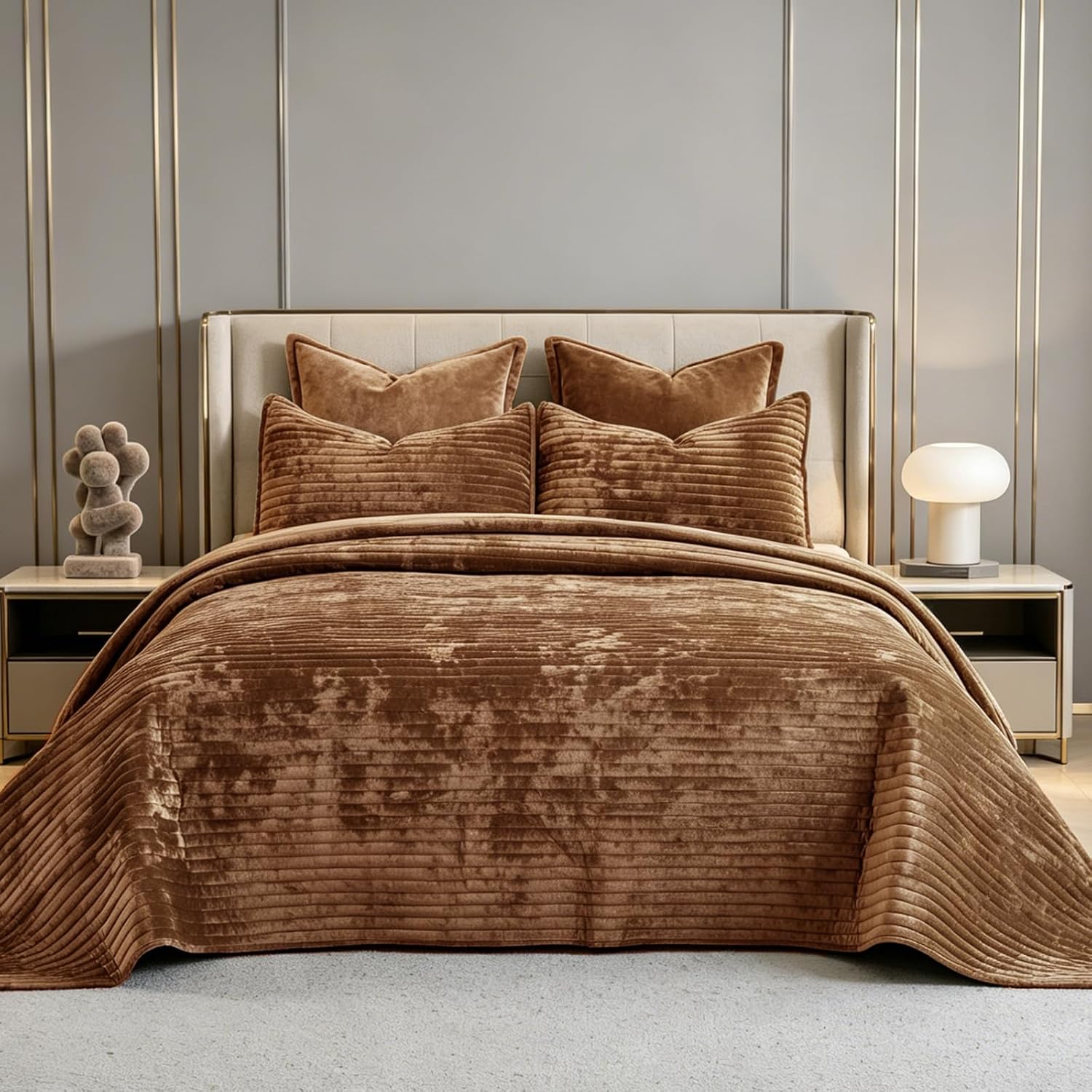 AUCT 20960 - $124 Oversized King Bedspread 120x120 Striped Soft Velvet Quilt Set