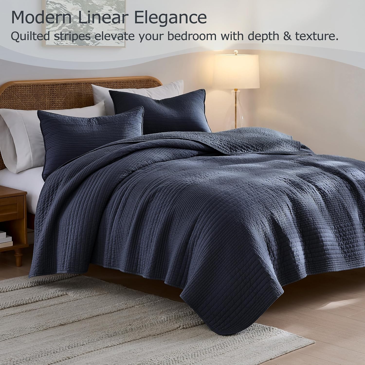 AUCT 20765 - $59 palassio Striped Navy Blue 100% Cotton Quilt King Size Bedding Sets, Lightweight Crink - Image 2
