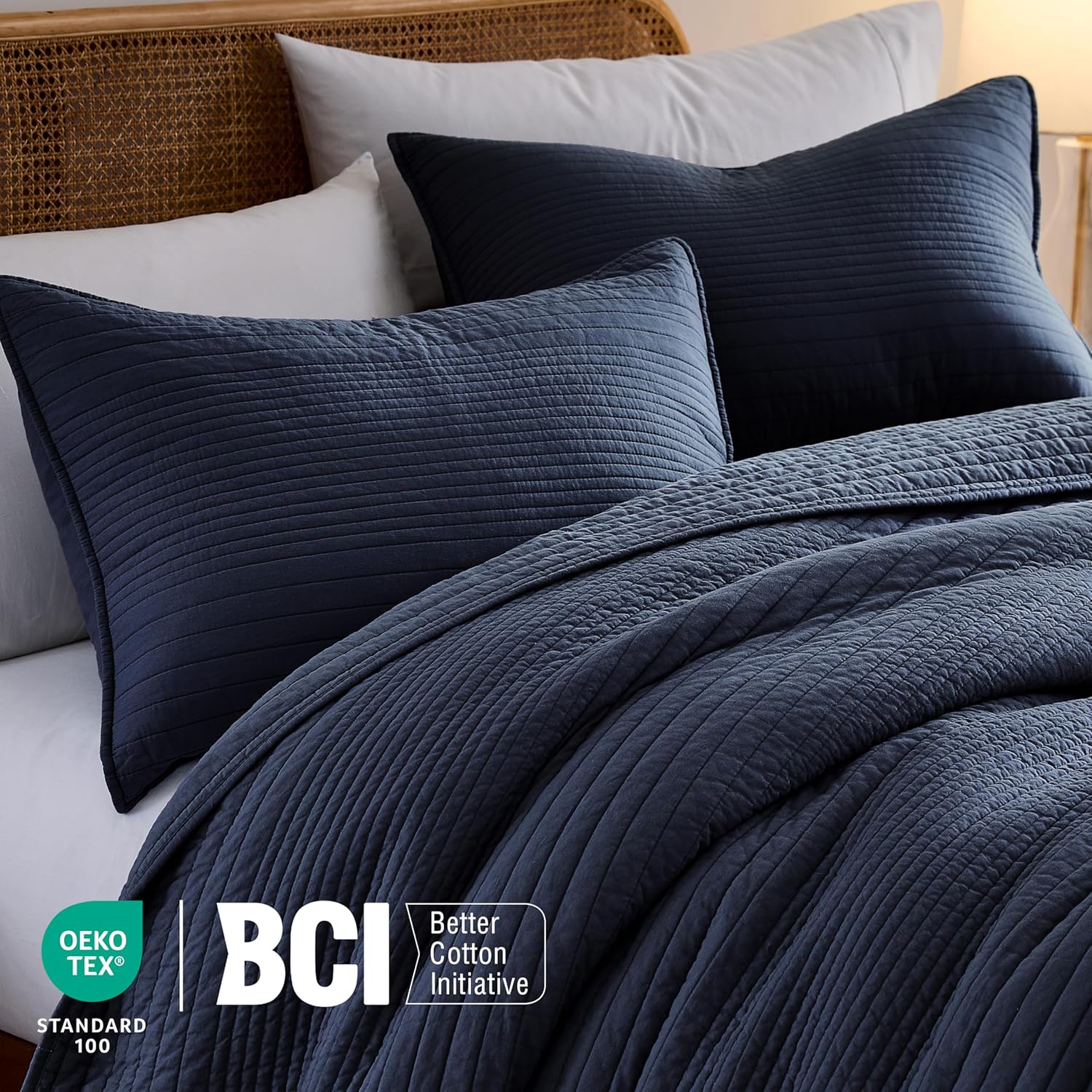AUCT 20765 - $59 palassio Striped Navy Blue 100% Cotton Quilt King Size Bedding Sets, Lightweight Crink - Image 3
