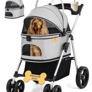 AUCT 22339 - $130 4 Wheel Foldable Pet Stroller - Lightweight Dogs and Cats Stroller Upto 50lbs with Me