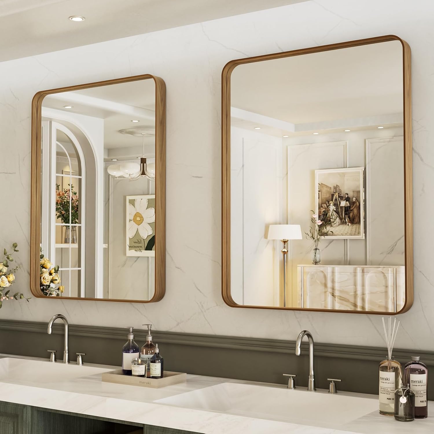 AUCT 21085m - $60 LOAAO 24X32 Inch Bathroom Mirror with Wood Grain Colored Metal Frame, Rounded Rectangl - Image 3