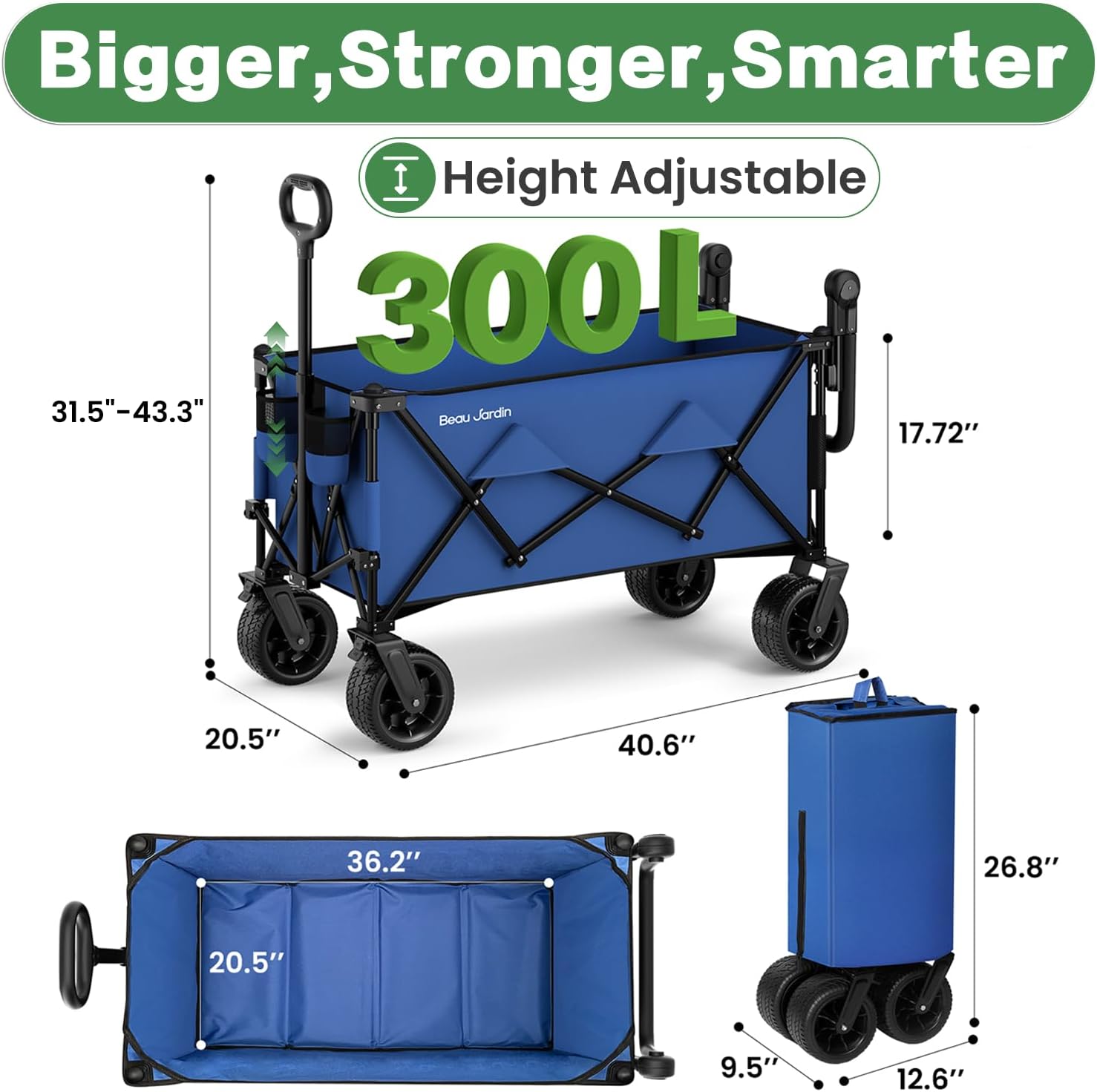 AUCT 22478 - $140 BEAU JARDIN Folding Push & Pull Beach Wagon 500 lbs Collapsible Foldable Wagons with - Image 2