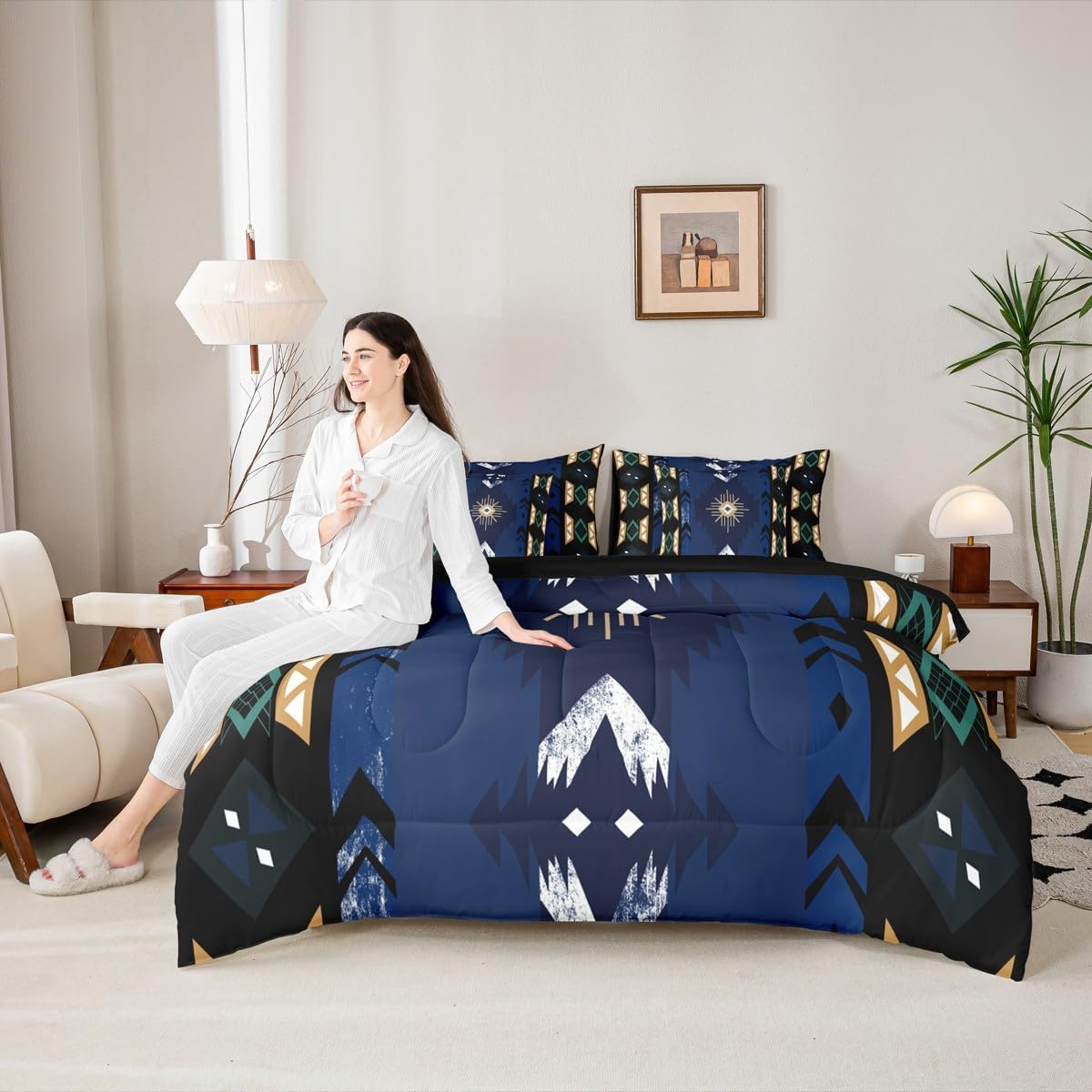 AUCT 21074 - $70 Erosebridal Western Bed in a Bag King Size Comforter Set 7-Piece, Boho Decor Aztec Bed - Image 2