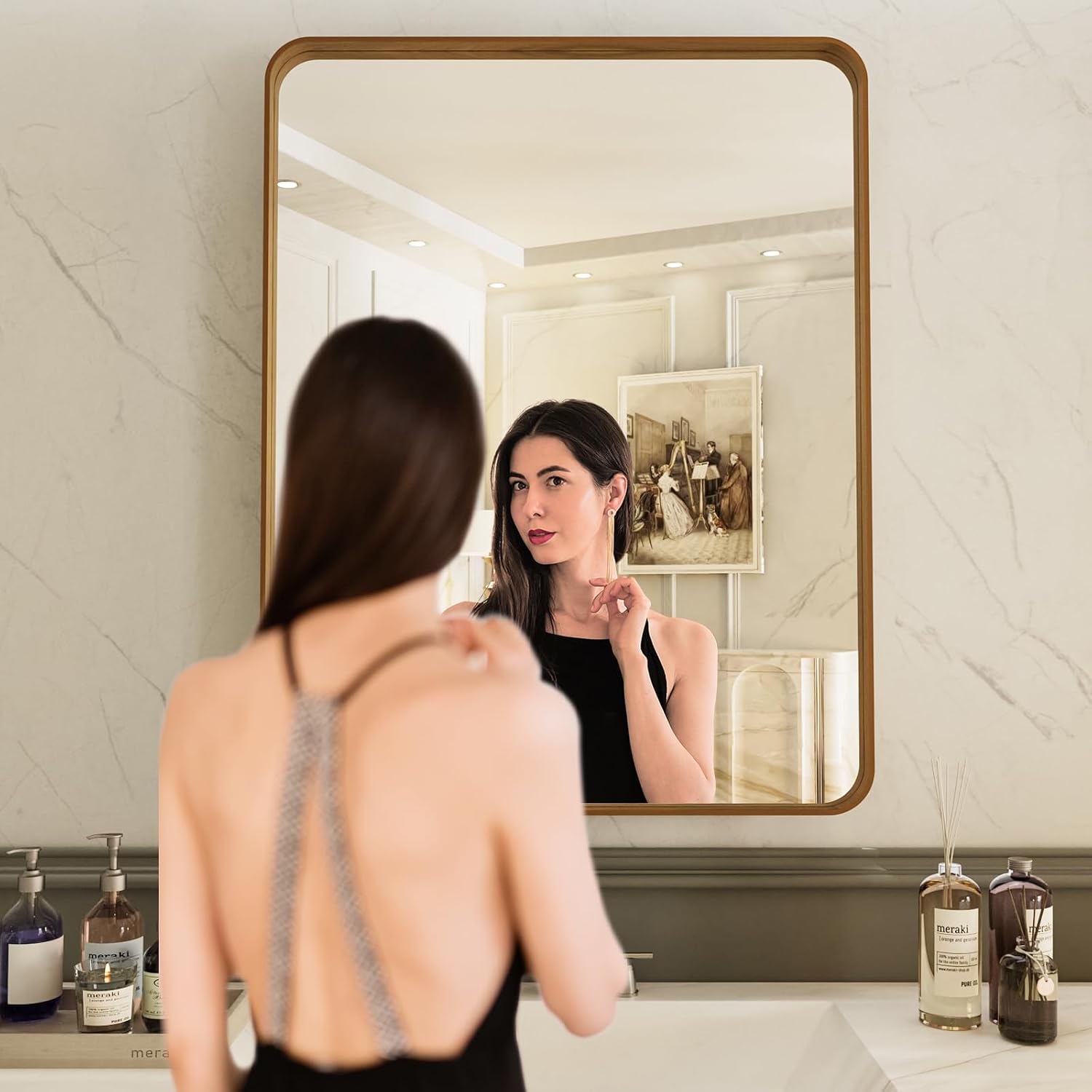 AUCT 21085m - $60 LOAAO 24X32 Inch Bathroom Mirror with Wood Grain Colored Metal Frame, Rounded Rectangl - Image 2