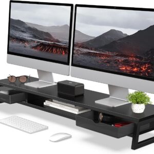AUCT 20575 - $90 Fenge Dual Monitor Stand Riser, 42.5in Desk Shelf with 2 Drawers, Black