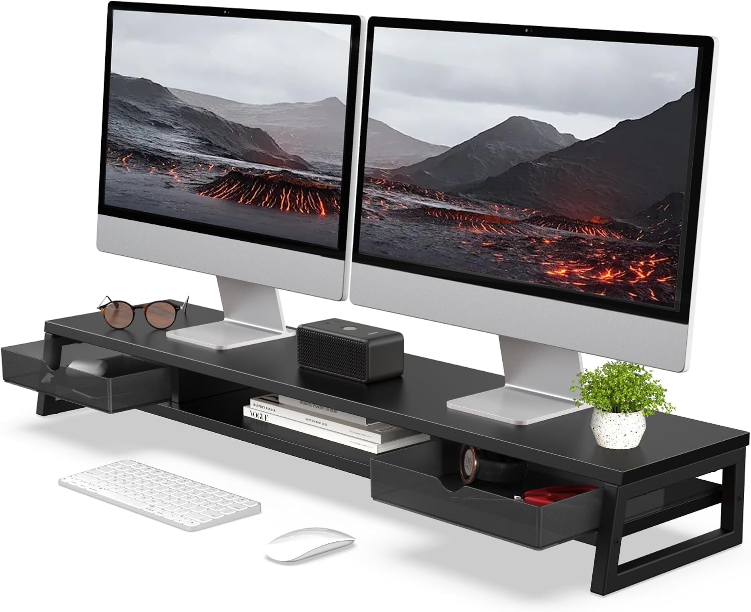 AUCT 20575 - $90 Fenge Dual Monitor Stand Riser, 42.5in Desk Shelf with 2 Drawers, Black