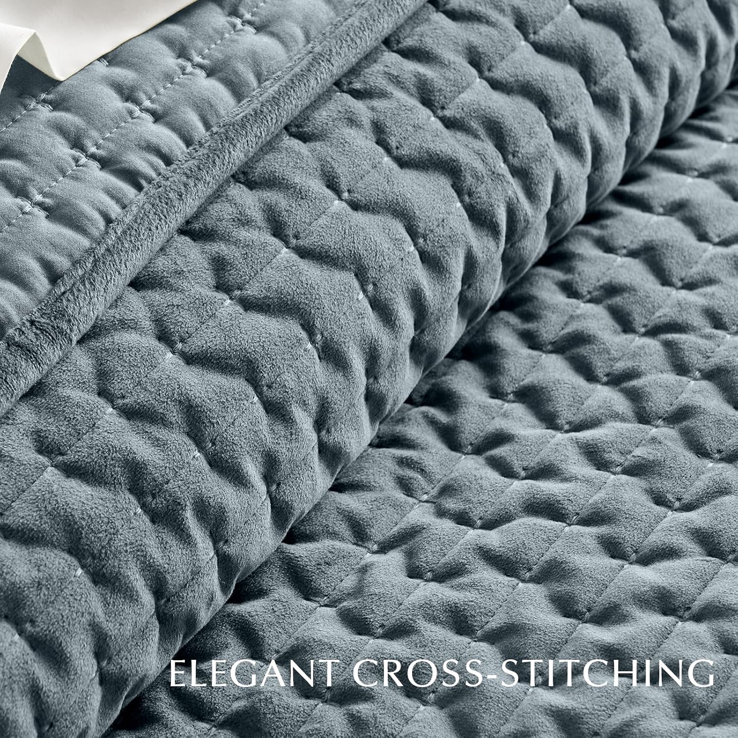 AUCT 20682 - $86 EverGrace Cross-Stitch Velvet Quilt Set, King Size, Stormy Blue - Image 4