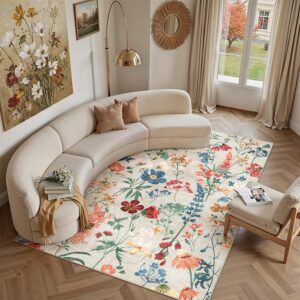 AUCT 22595 - $66 PureCozy Washable Floral Area Rug 6x9 for Living Room Vintage Beige Carpet