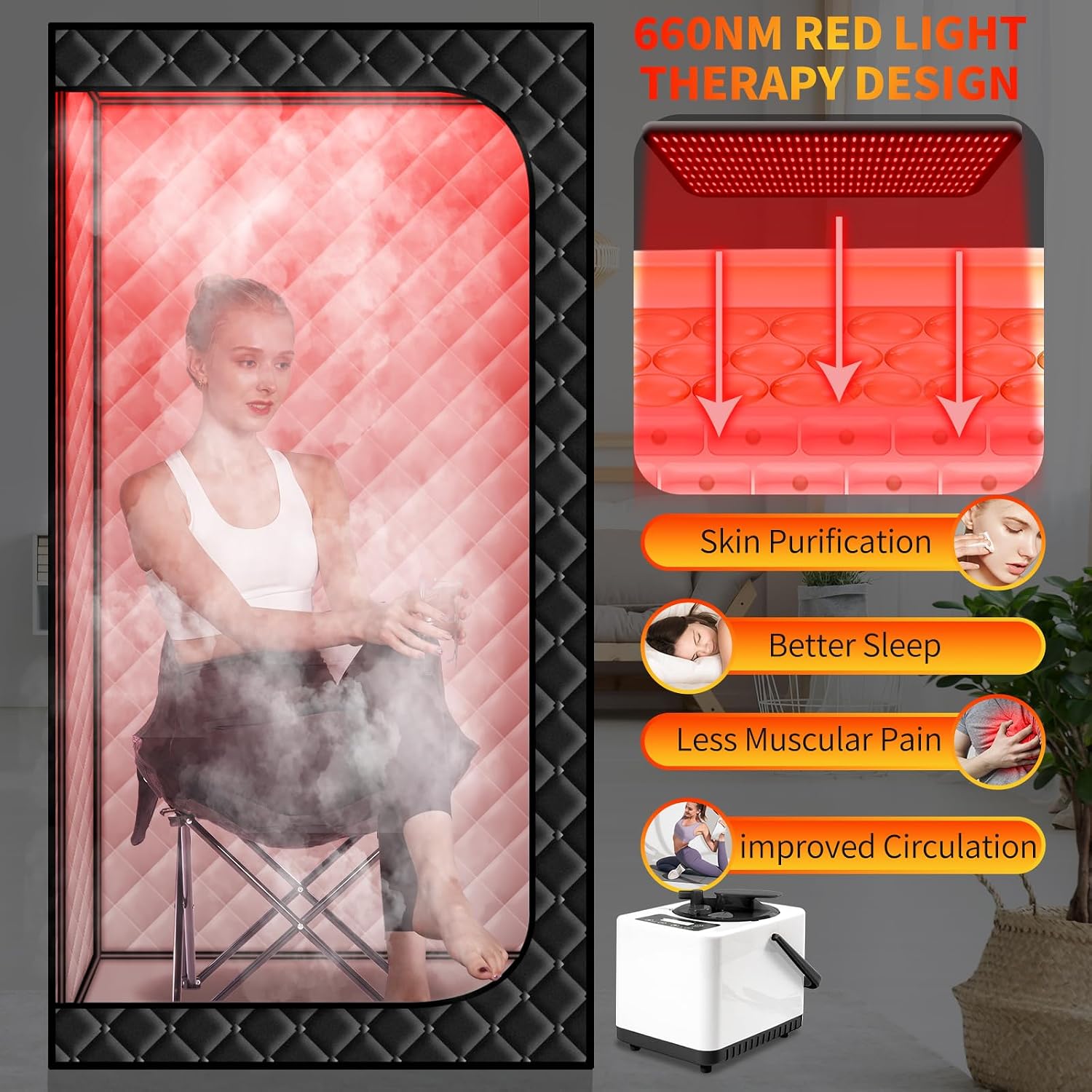 AUCT 20568 - $160 Smartmak Portable Steam Infrared Sauna with 660nm Red Light Therapy Lamp for Home Rel - Image 2