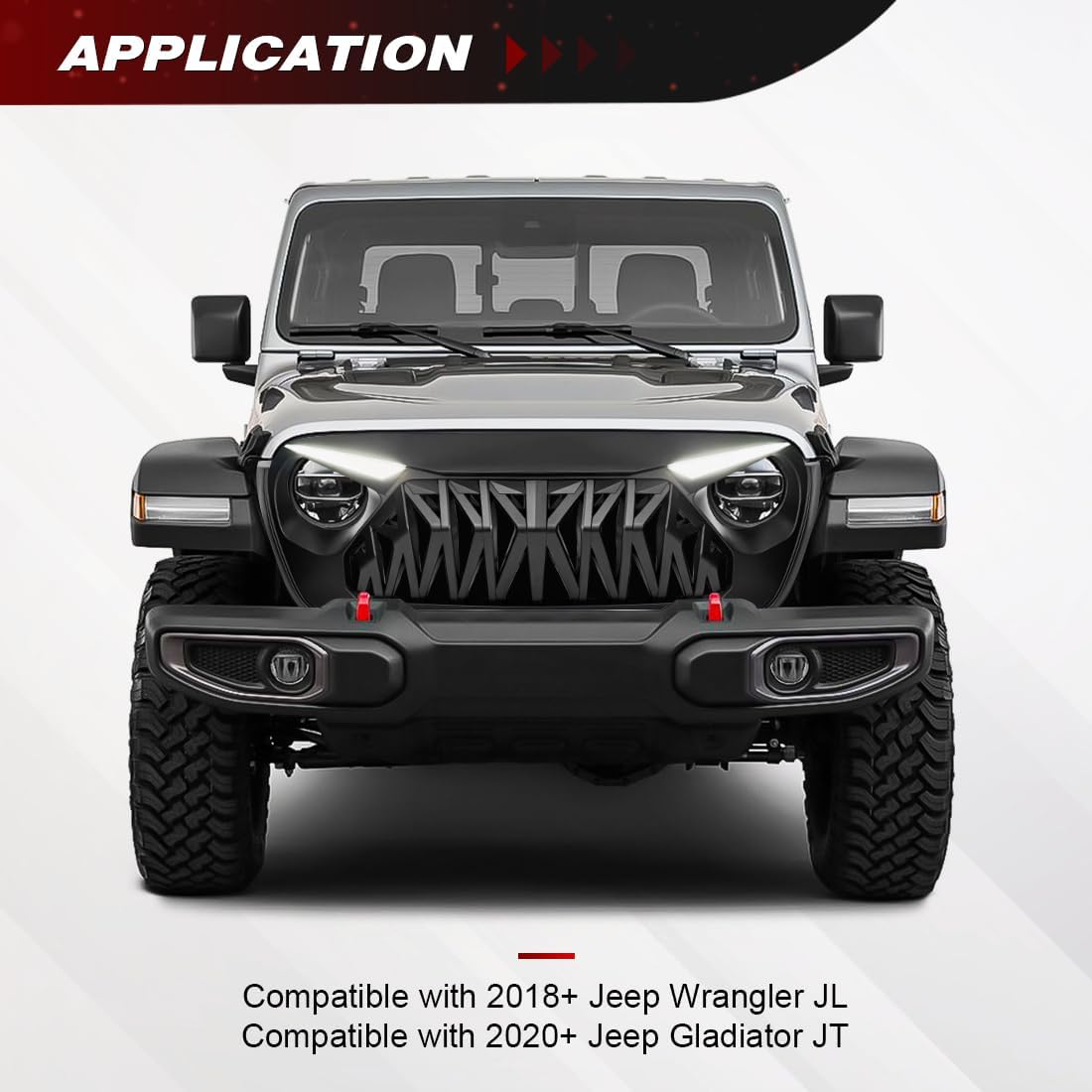 AUCT 22648 - $155 Front Shark Grille Compatible with 2018-2025 Jeep Wrangler JL JLU Gladiator JT, w/DRL - Image 2