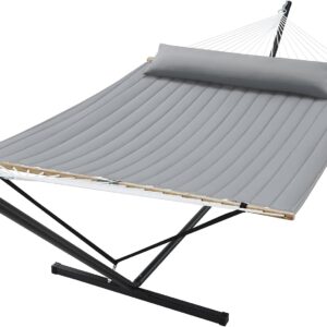 AUCT 24820 - $190 SUPERJARE Hammock with Stand, 2 Person Quilted Outdoor Hammock, Detachable Pillow & B