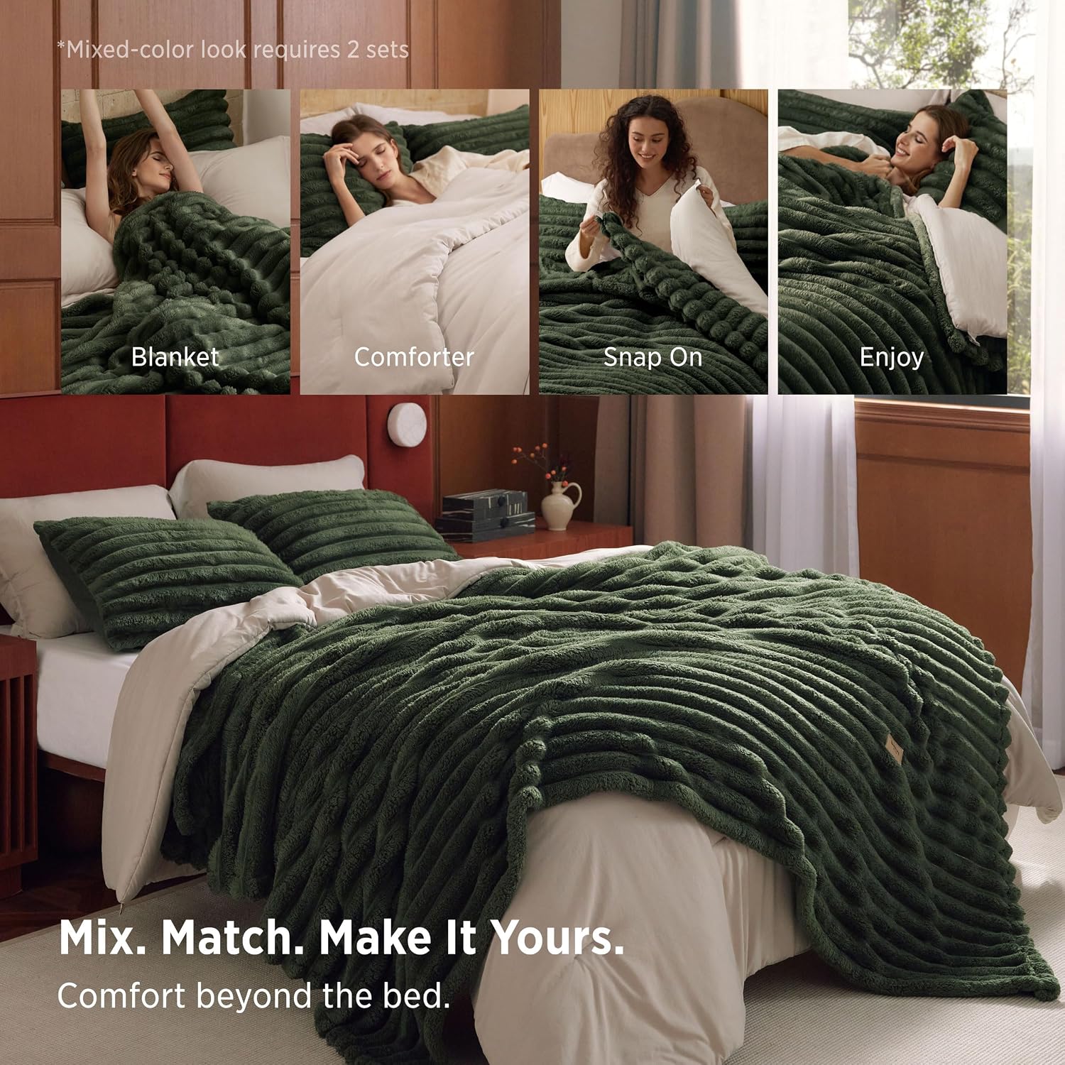 AUCT 23756 - $60 Bedsure 2-in-1 Comforter Set with Detachable Fleece Blanket, Beige Queen - Image 4