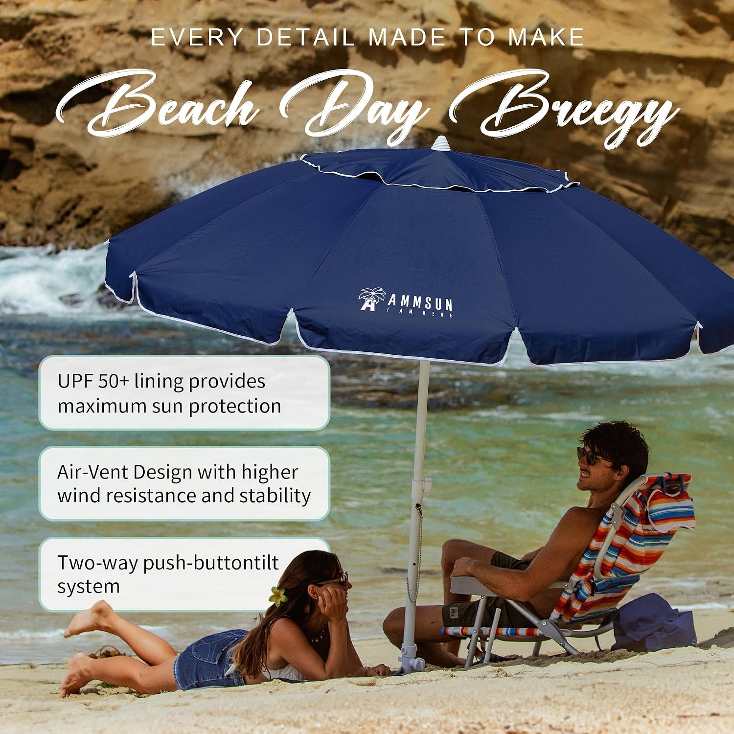 AUCT 23650 - $62 AMMSUN 8 Feet Large Beach Umbrella with Sand Anchor Heavy Duty High Wind Portable Outd - Image 3