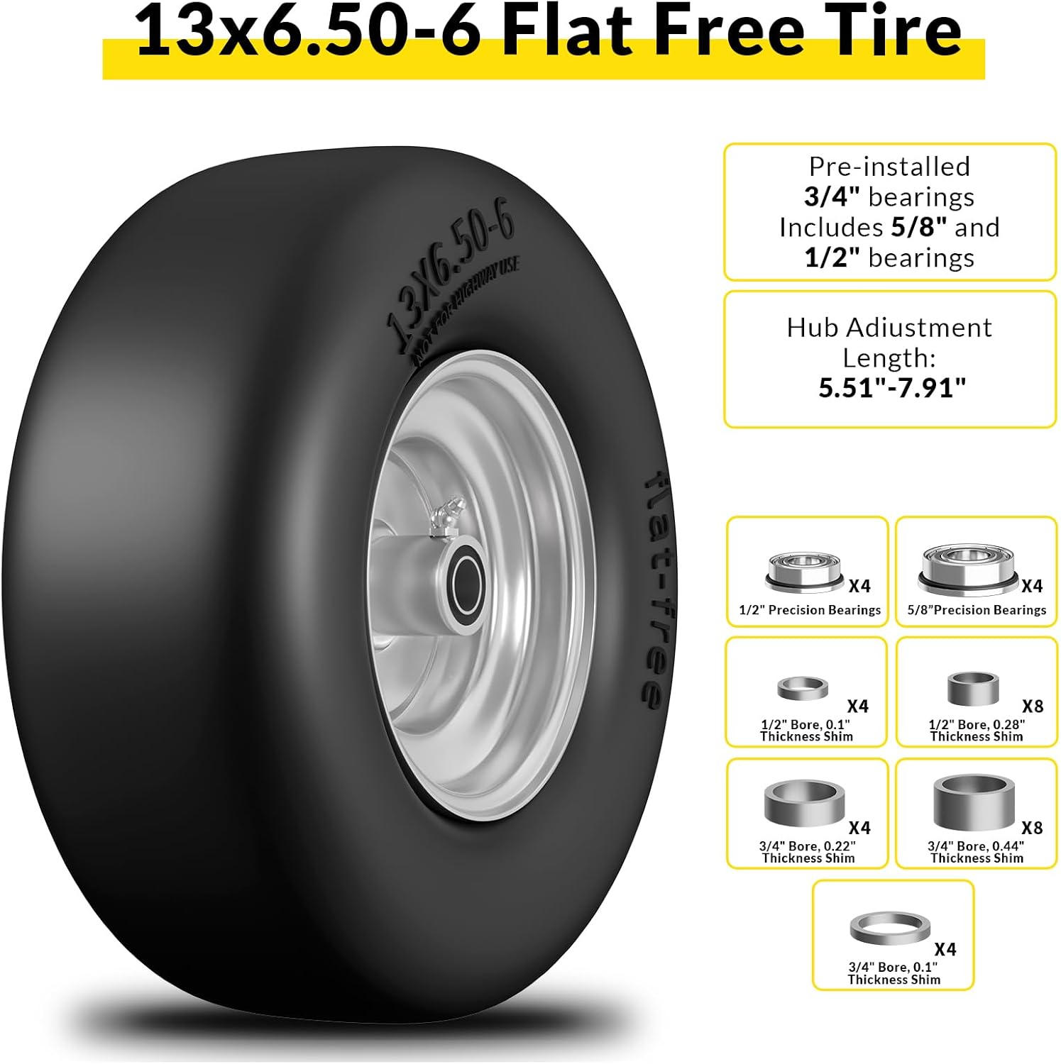 AUCT 24949 - $56 TEPU 13x6.50-6 Flat Free Lawn Mower Tire and Wheel for Zero Turn Mower - Image 3