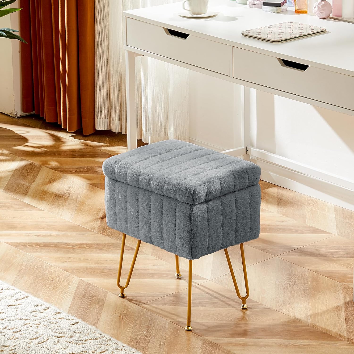 AUCT 23223 - Sweetcrispy Vanity Stool Chair with Storage, 18.9"H x 16"L x 12.2"W Ottoman Chair Faux Fur - Image 2